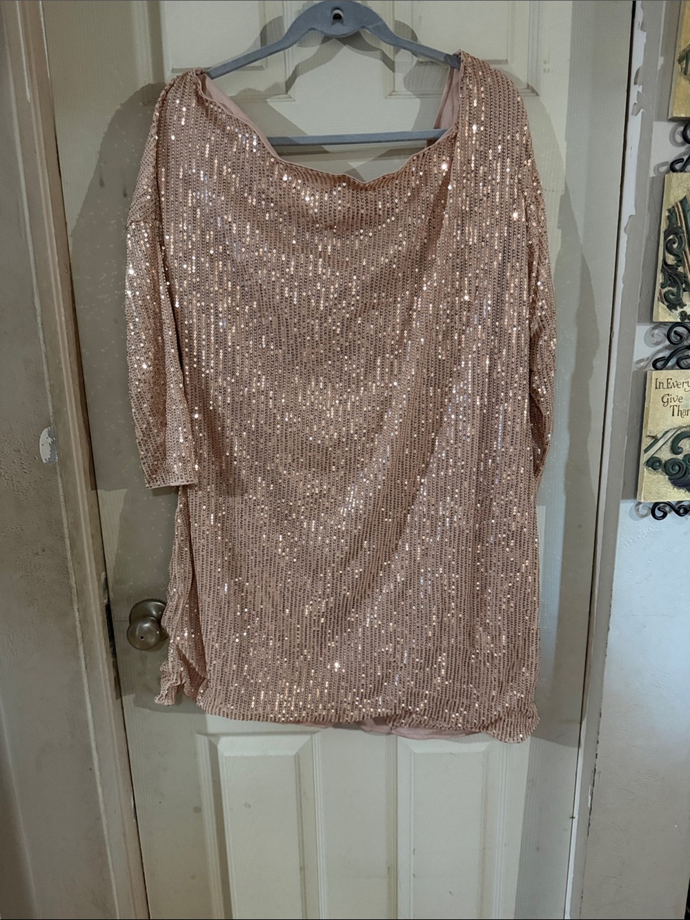 Sequin Long-Sleeve Shift Dress in Blush Pink